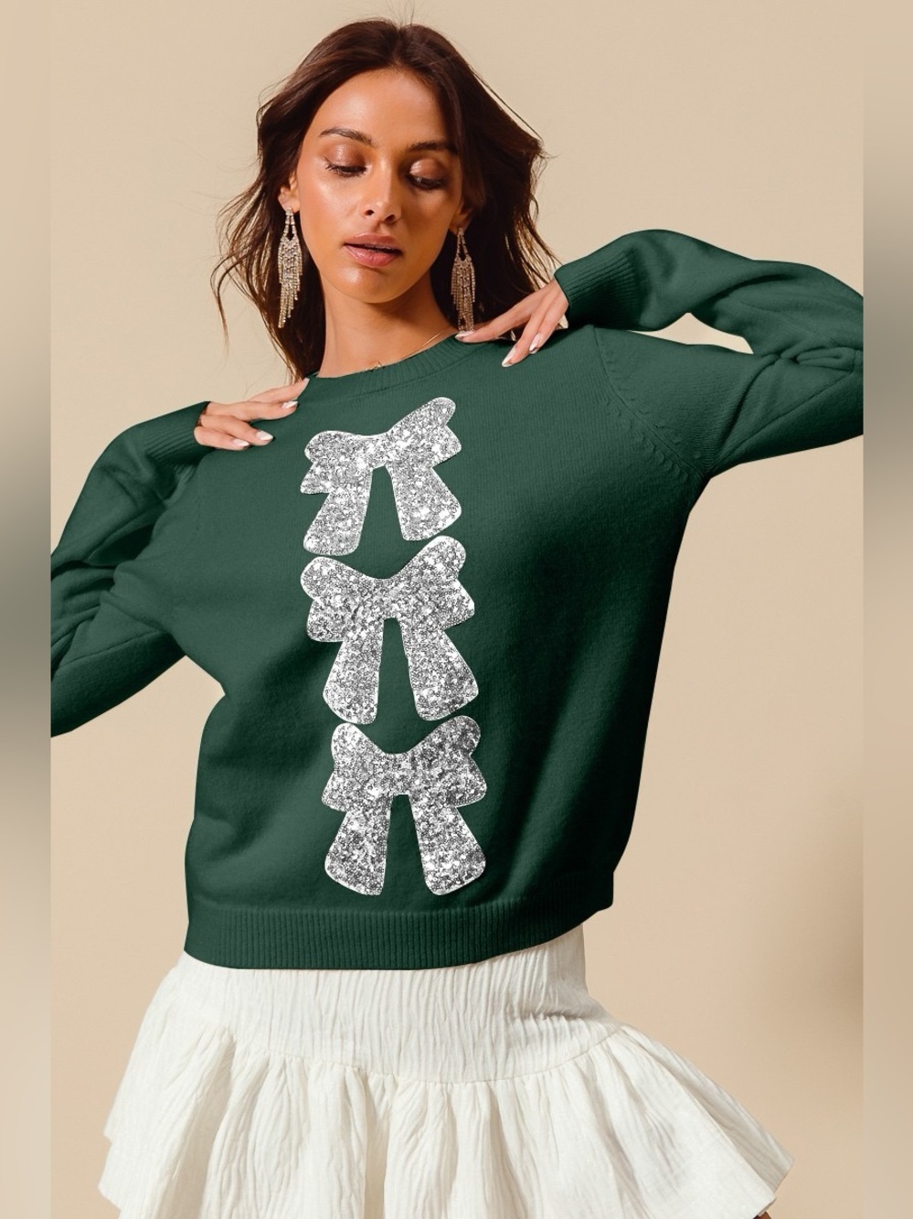 SO ME Sequins Bow Ribbon Embellished Christmas Sweater